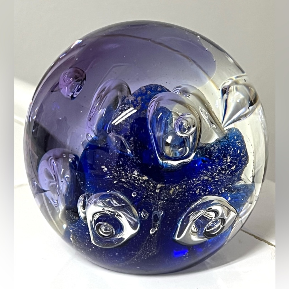 Handmade Cobalt Blue Glass Art Paperweight Clear Controlled Bubbles Heavy 3.5 in